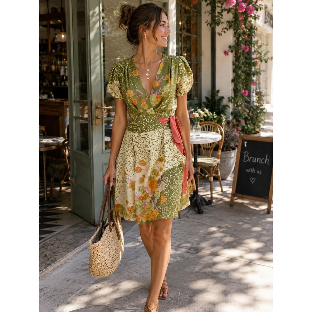 Baraschi 100% Silk Floral Wrap Dress Green Polka Dot Boho Small